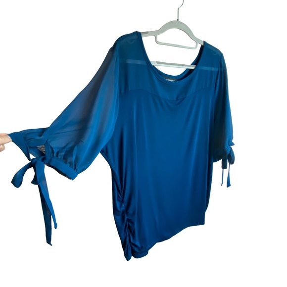 Lane Bryant Blue Chiffon sleeves Tie cuff ruched sides top sz 18/20 - Picture 6 of 12